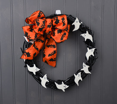 13 inch Halloween Ribbon Wreath Black popular White Gnome MW5